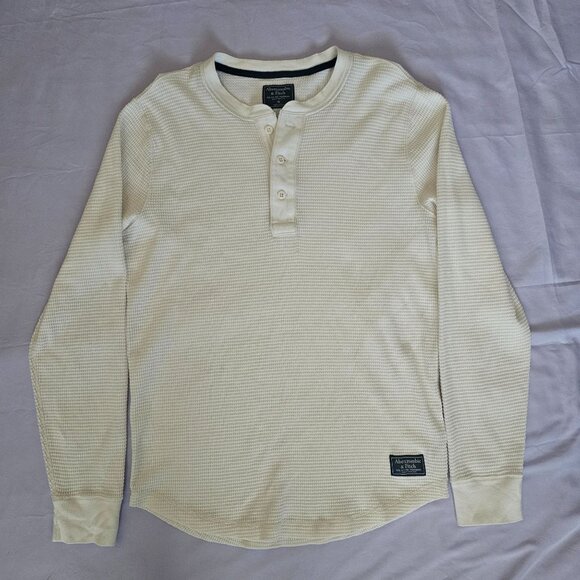 Abercrombie & Fitch Cream Long Sleeve Classic Waffle Henley Shirt Men's Medium - Picture 4 of 13